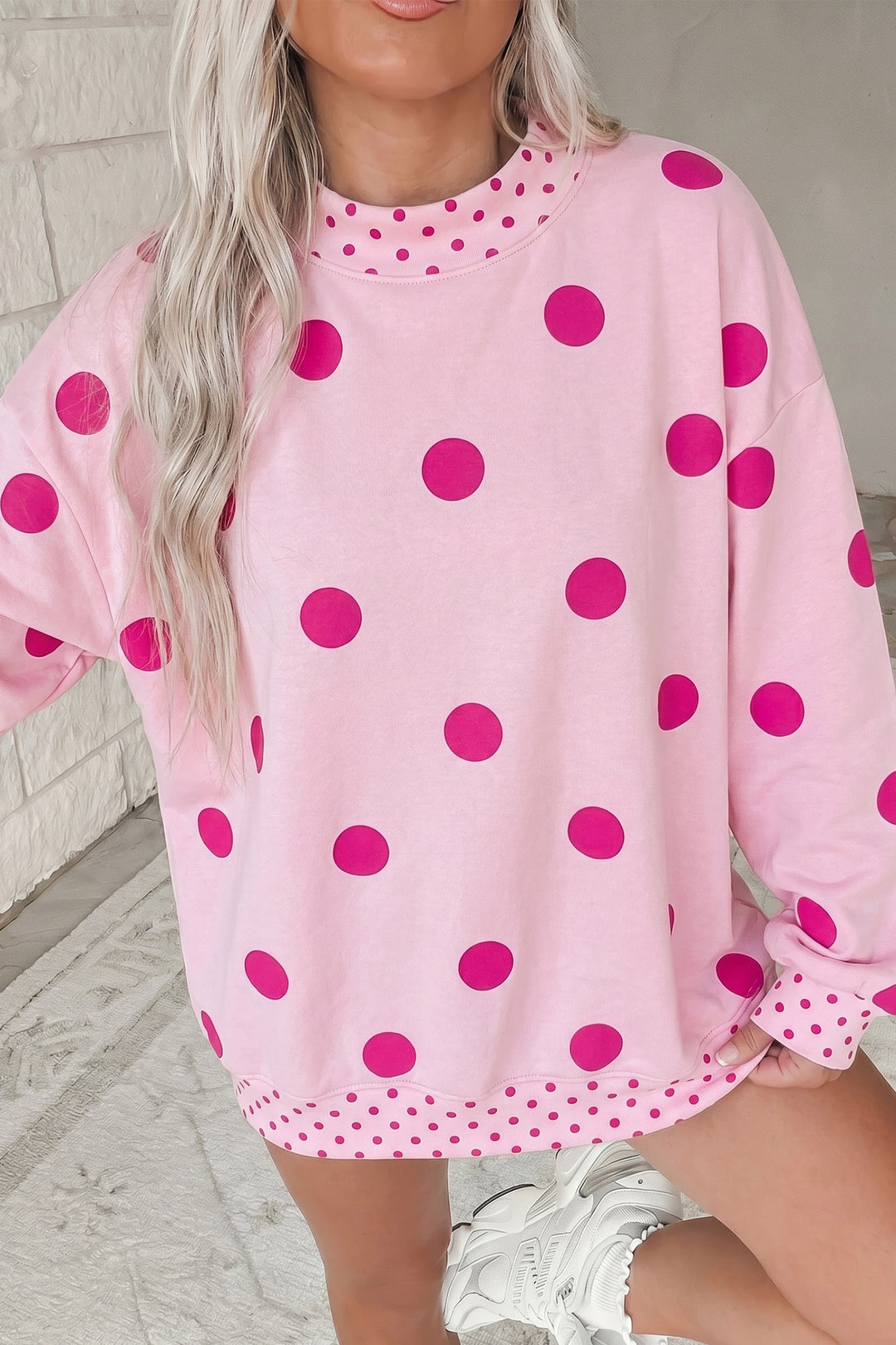 Polka Dot Print Contrast Detail Oversized Tunic Sweatshirt