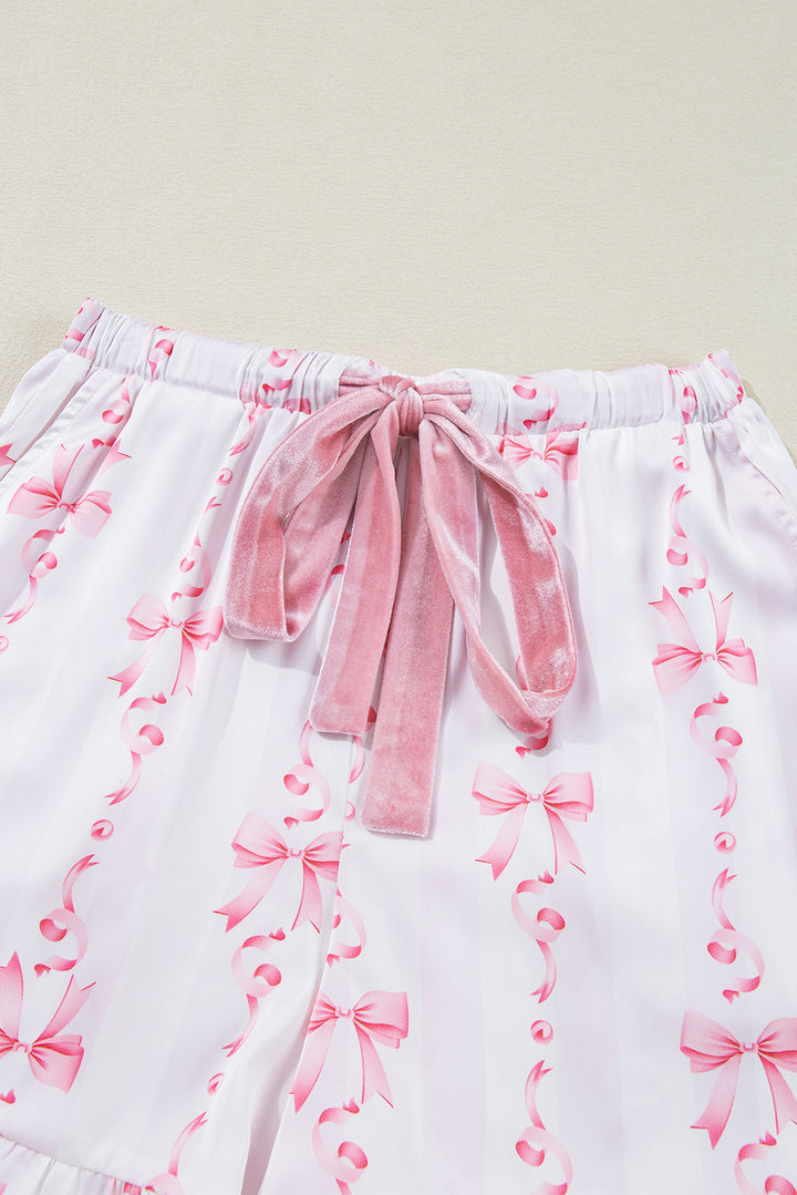 Pink Satin Bow Bell Sleeve Shirt and Ruffled Shorts Pajama Set