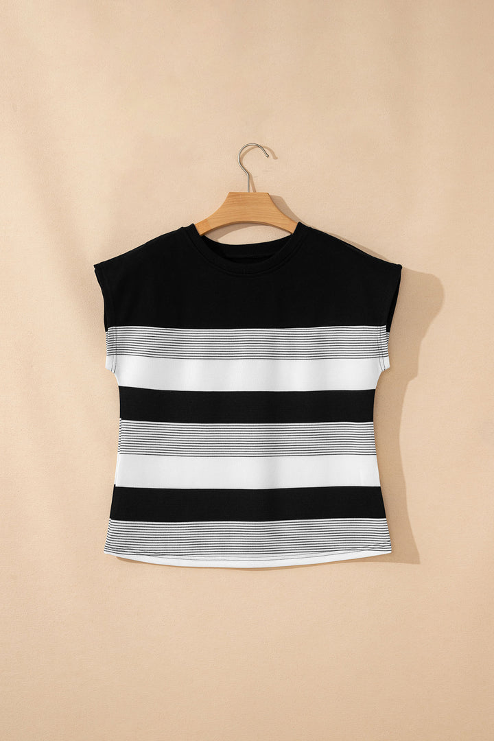 Stripe Mixed Print Crew Neck Cap Sleeve T Shirt