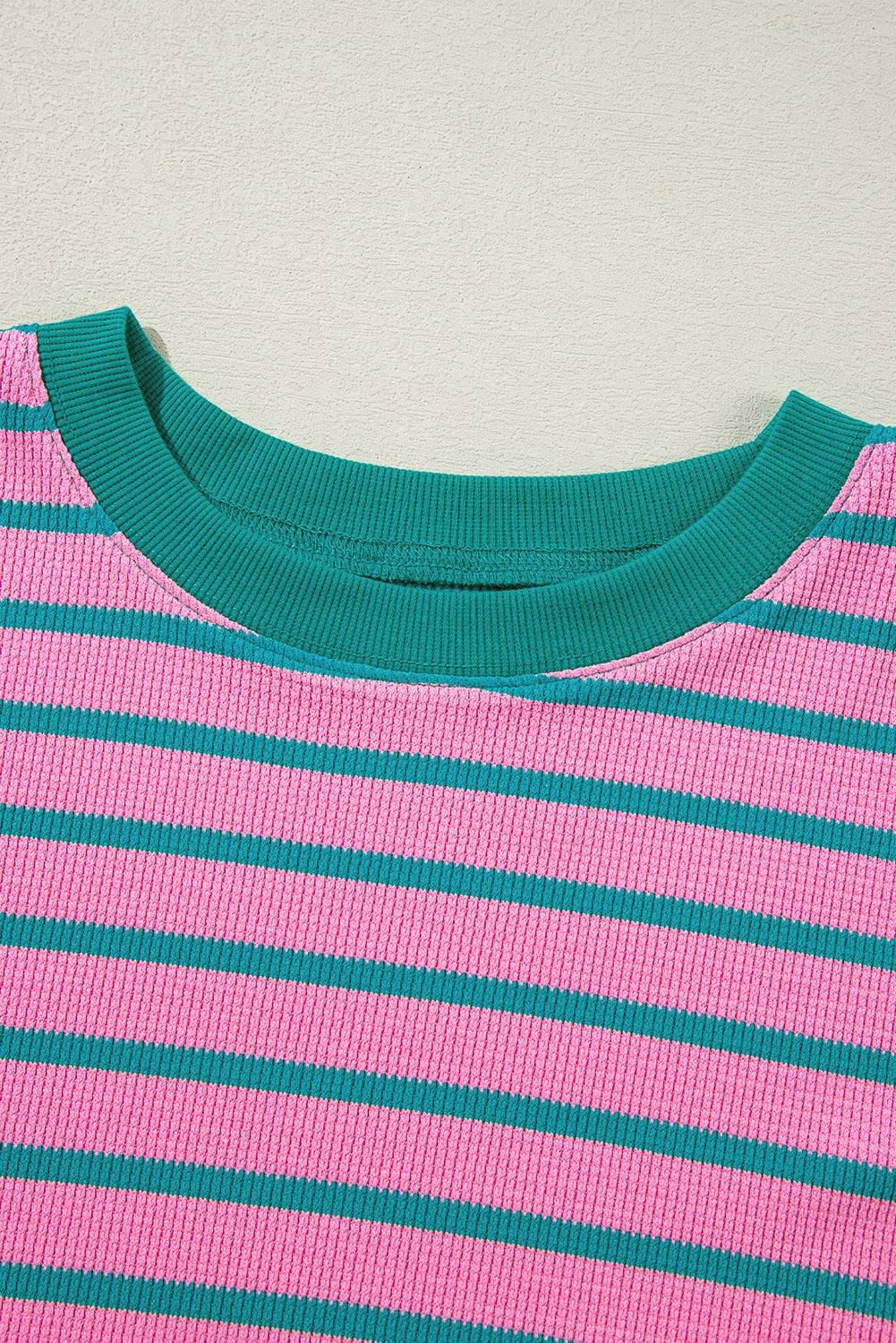 Pink Stripe Waffle Knit Crew Neck Plus Size Sweatshirt