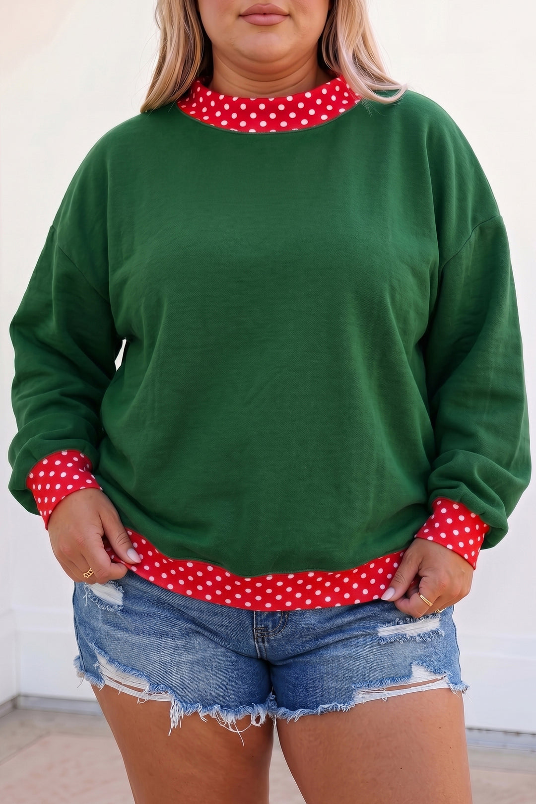 Racing Red Polka Dot Patchwork Round Neck Plus Size Sweatshirt
