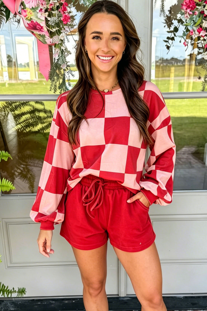 Checkerboard Plaid Long Sleeve Solid Color Shorts 2pcs Set