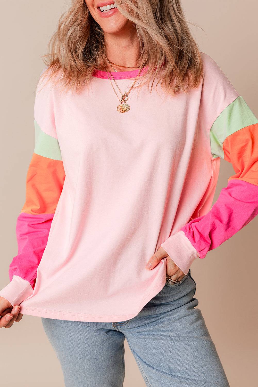 Pink Colorblock Patchwork Long Sleeve Loose Top