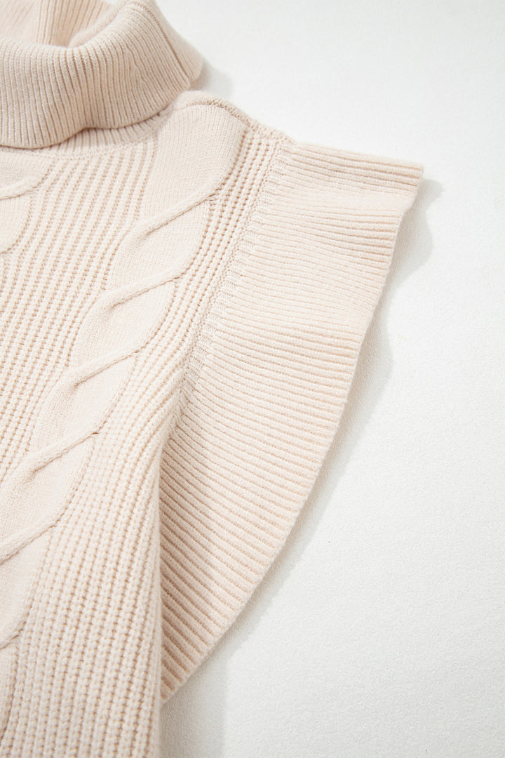 Cable Knit Turtleneck Ruffled Short Sleeve Sweater