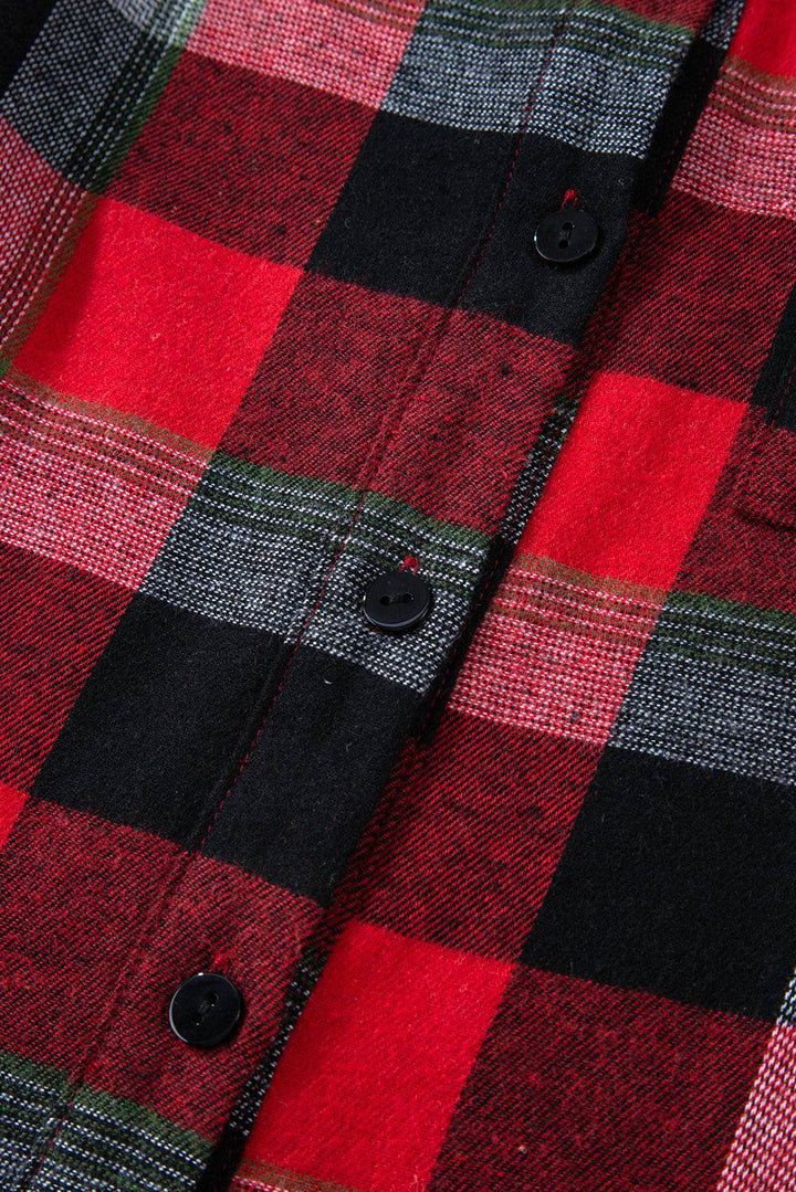 a close up of a red and black checkered shirt