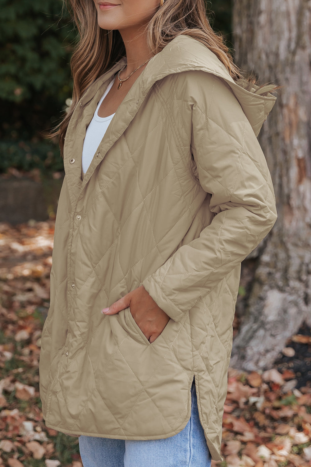 Khaki Quilted Snap Button Hooded Puffer Coat