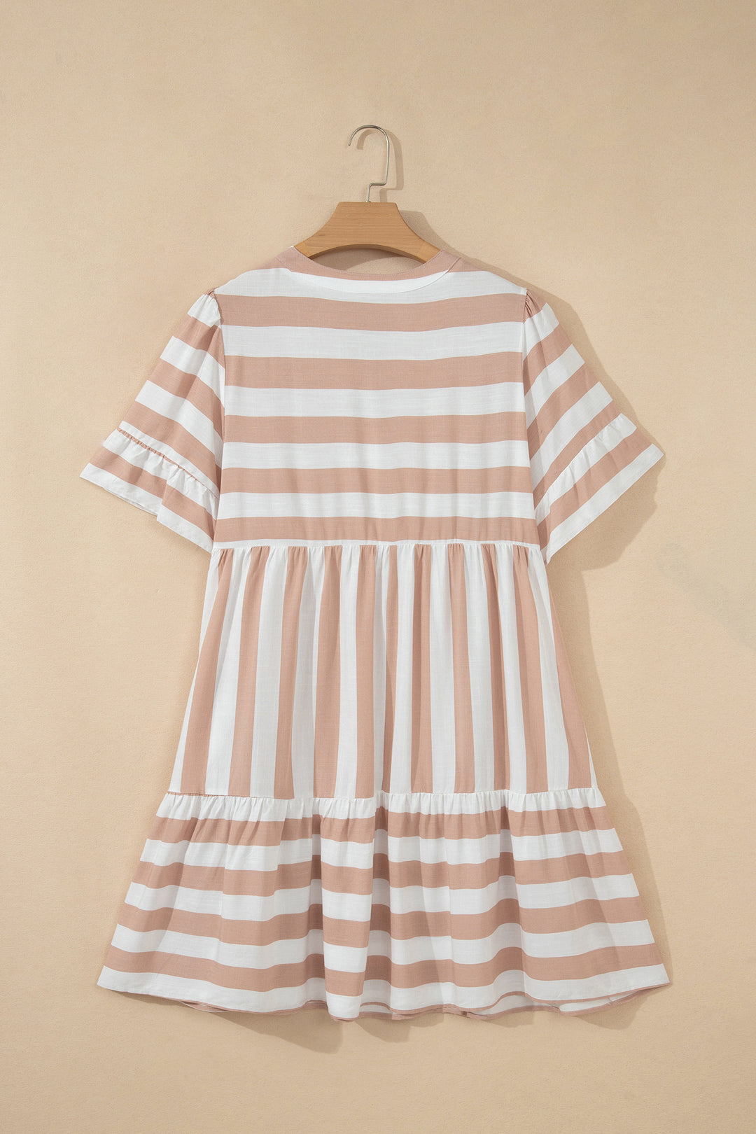 Khaki Stripe Tie V Neck Ruffle Trim Short Sleeve Flared Summer Dress