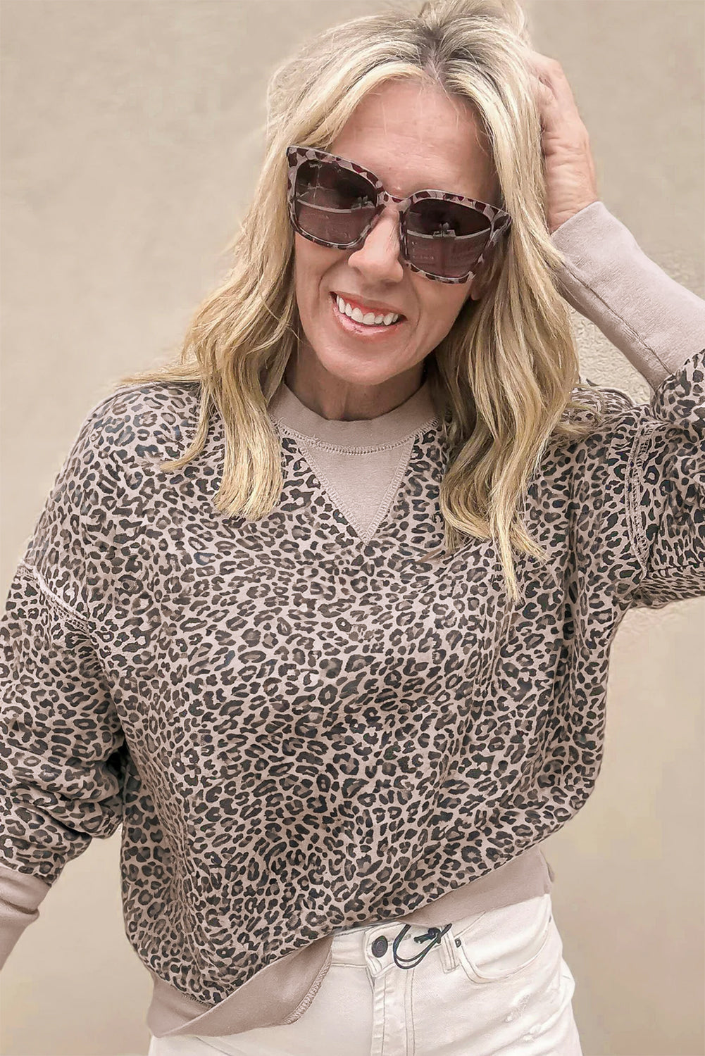 Leopard Print Patchwork Crew Neck Sweatshirt