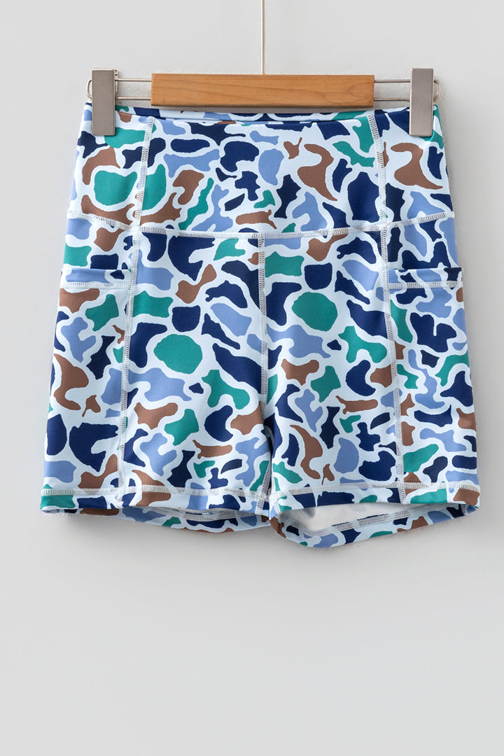 Abstract Camo Printed Seam Detail Biker Shorts