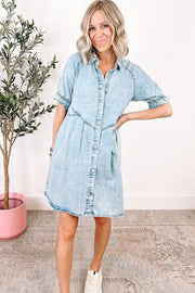 Beau Blue Mineral Wash Ruffled Short Sleeve Buttoned Denim Dress -