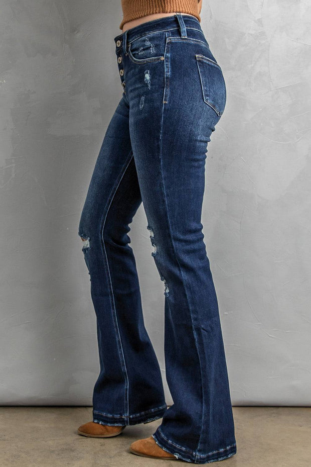 Dark Blue Washed Distressed Flare Bootcut Jeans -
