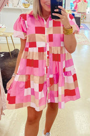 Pink Colorblock Plaid Puff Sleeve Tiered Mini Dress - Pink / S