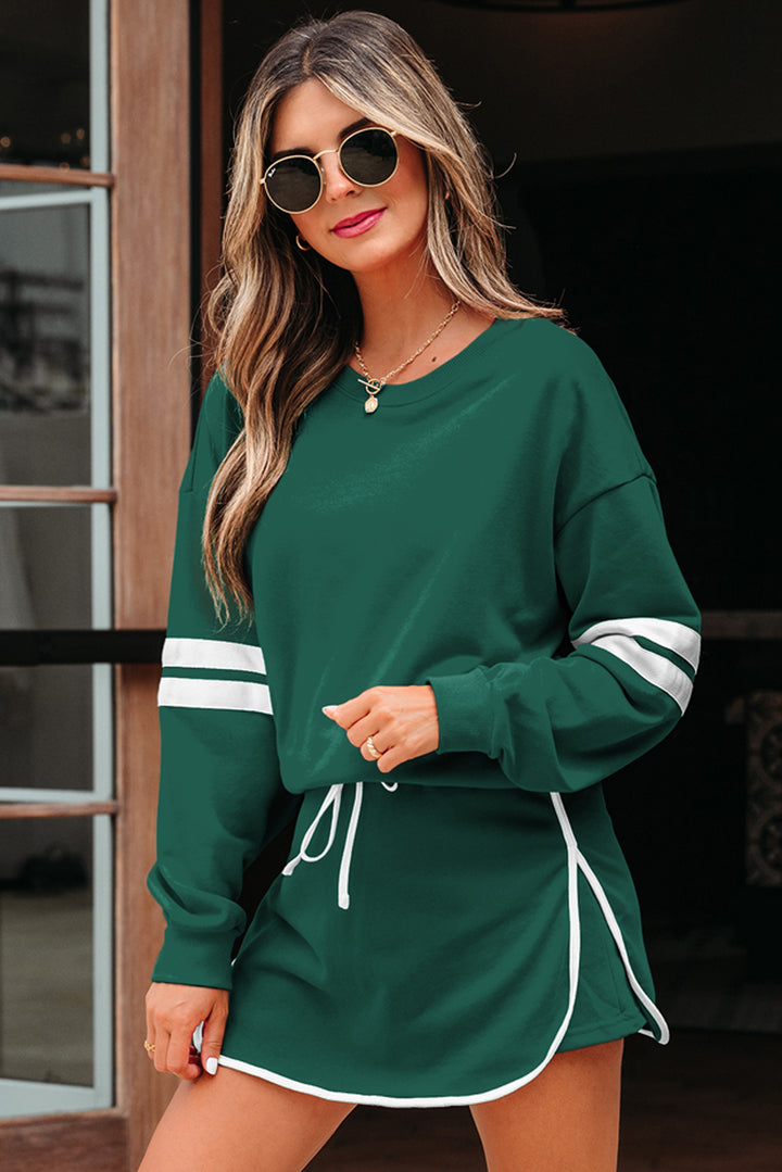 Varsity Stripe Detail Drop Shoulder Pullover Mini Skirt Set