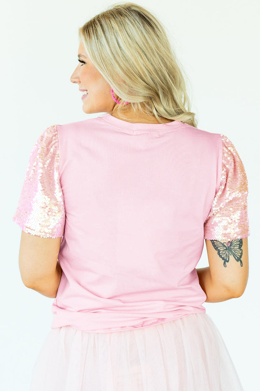 Light Pink Three Sweet Hearts Printed Sequin Trim Contrast Sleeve Patchwork Tee