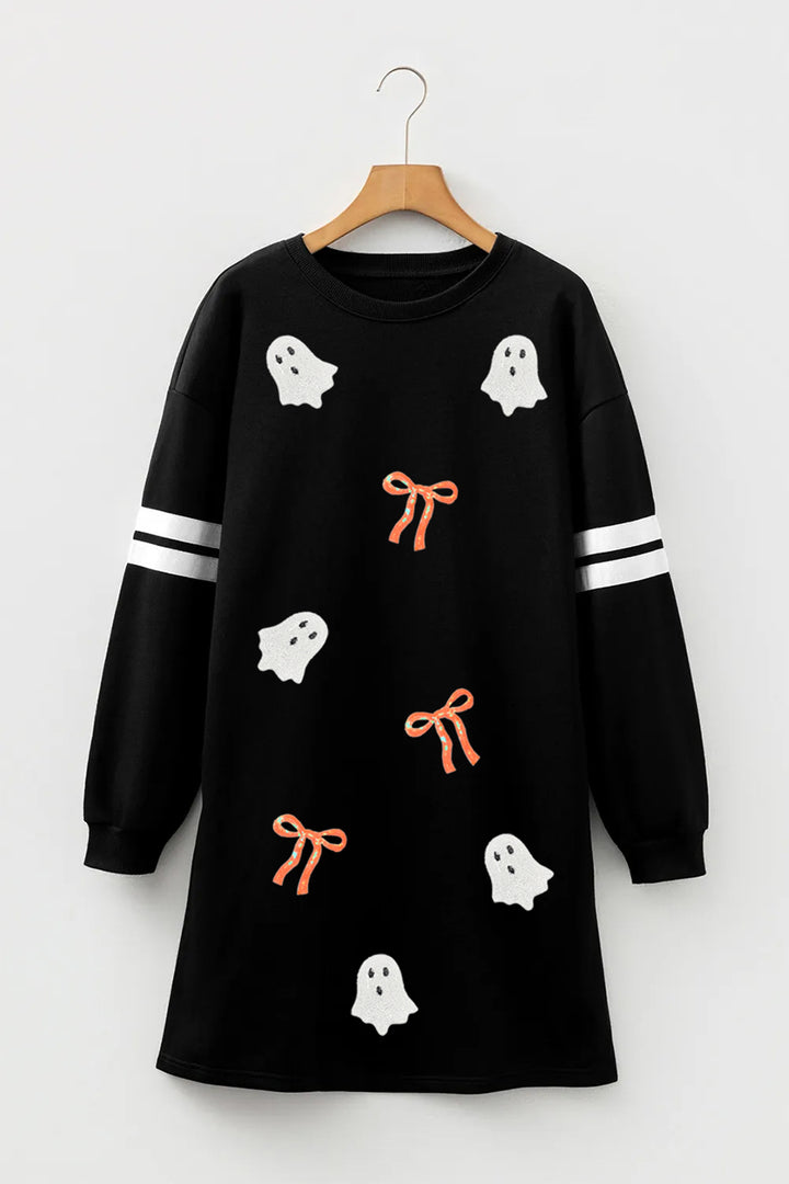 Black Sequin Ghost Graphic Varsity Striped Sleeve Halloween Sweatshirt Dress