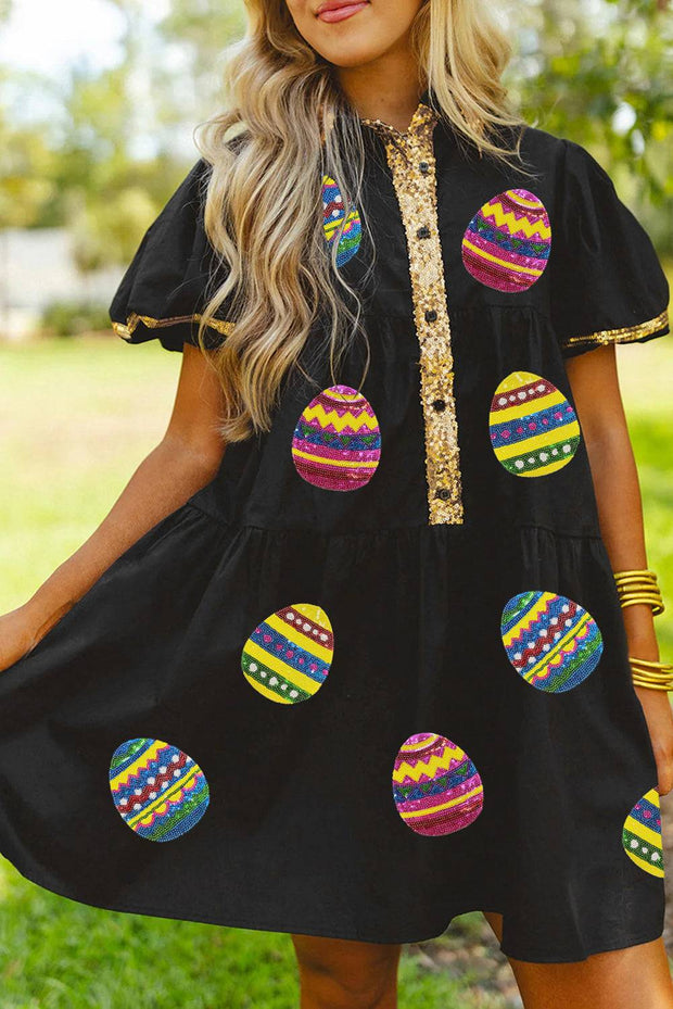 Black Easter Egg Sequin Half Button Neck Puff Sleeve Graphic Dress - Black / L
