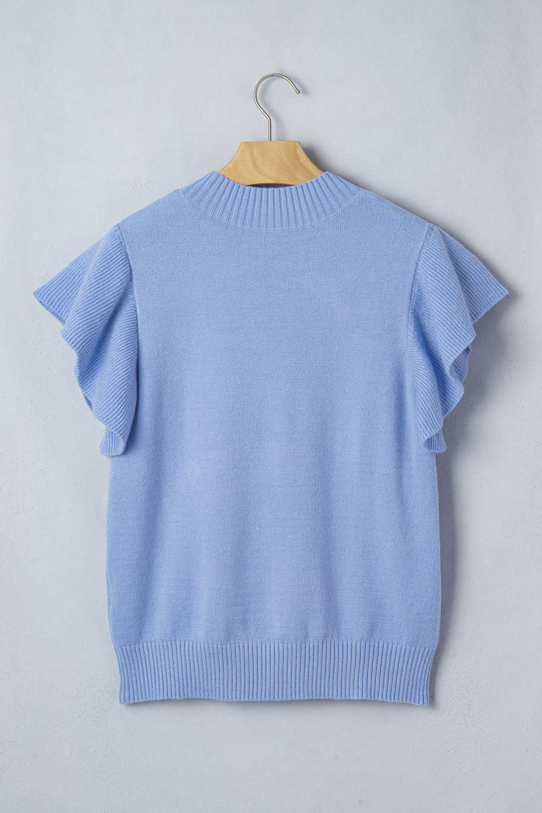 Solid Color Ribbed Trim Round Neck Ruffle Short Sleeve Sweater