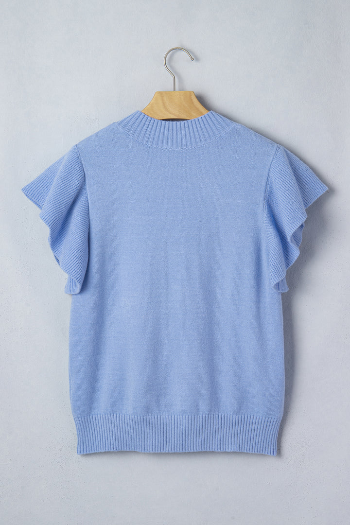 Solid Color Ribbed Trim Round Neck Ruffle Short Sleeve Sweater