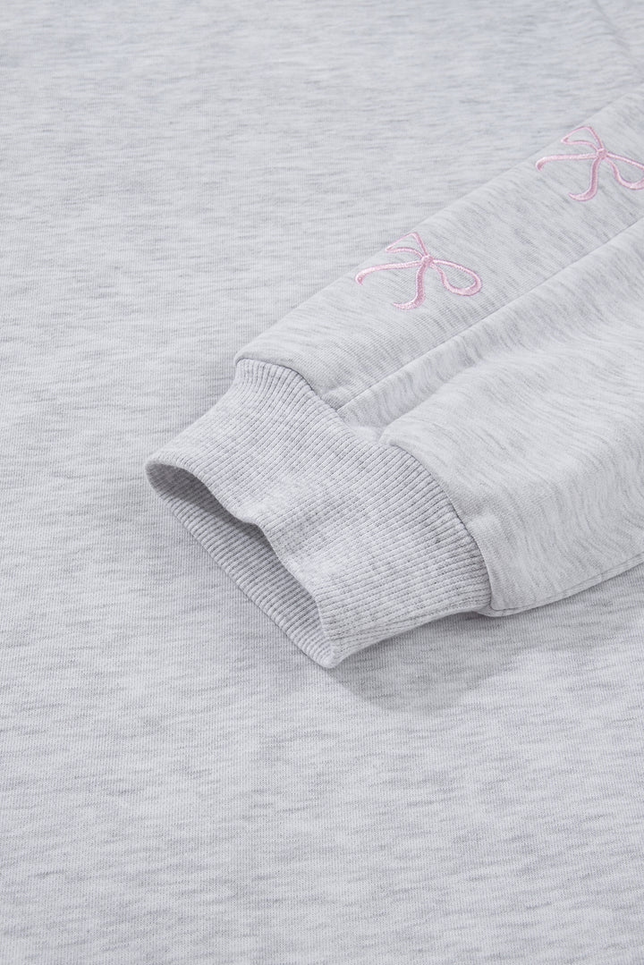 Light Grey Girly Bow Embroidered Puff Sleeve Pullover Loose Shorts Plus 2pcs Outfit