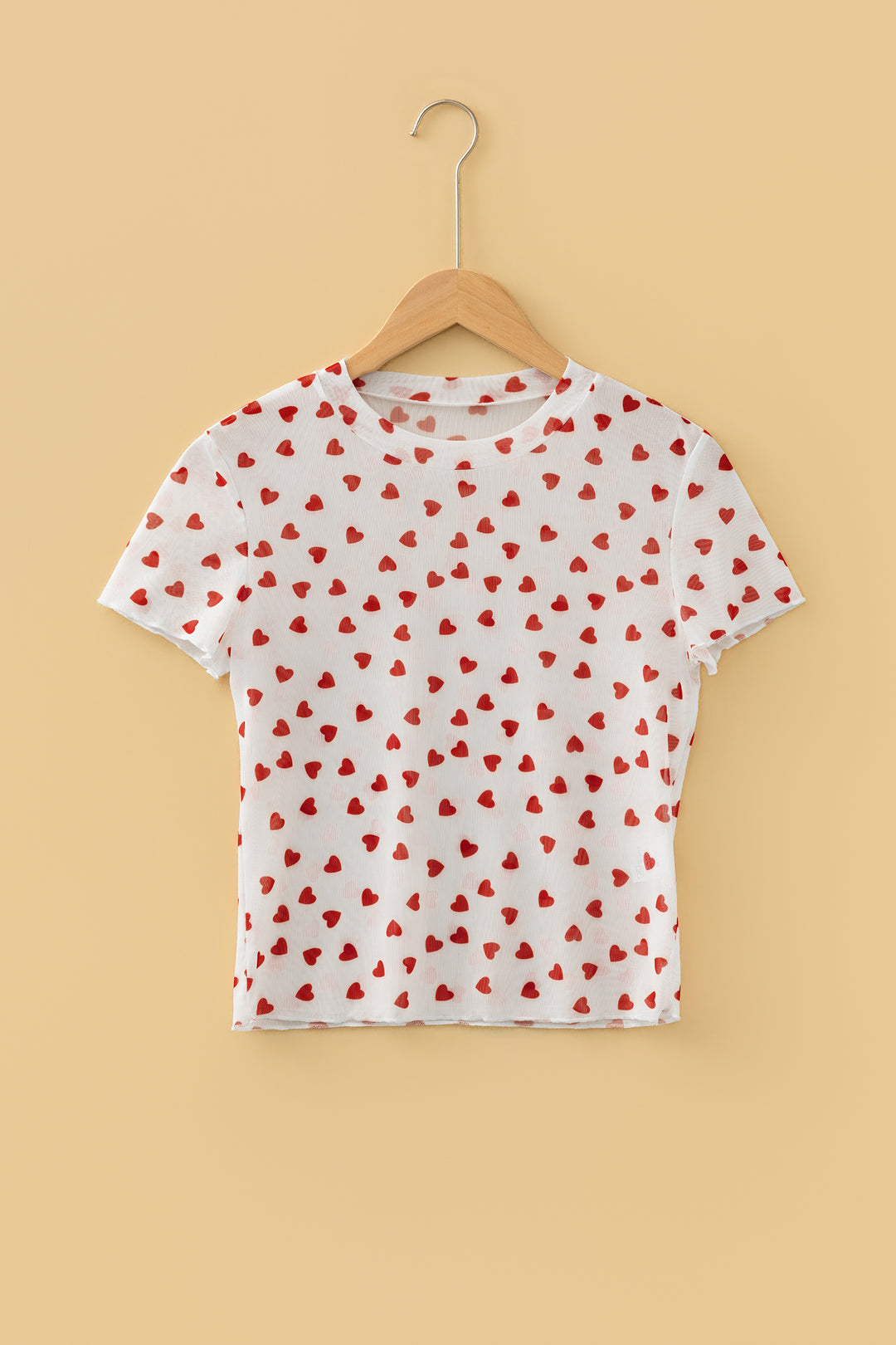 Red Allover Heart Print Mesh Short Sleeve Top