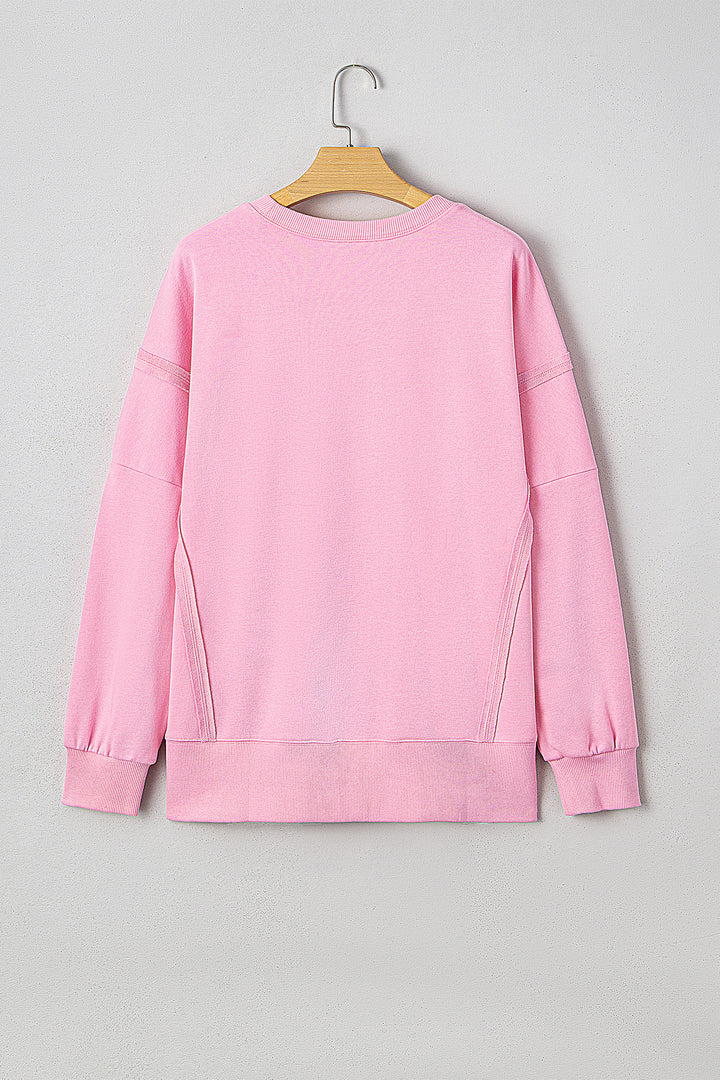 Pink Bow Sequin XOXO Letter Graphic Exposed Seam Baggy Sweatshirt