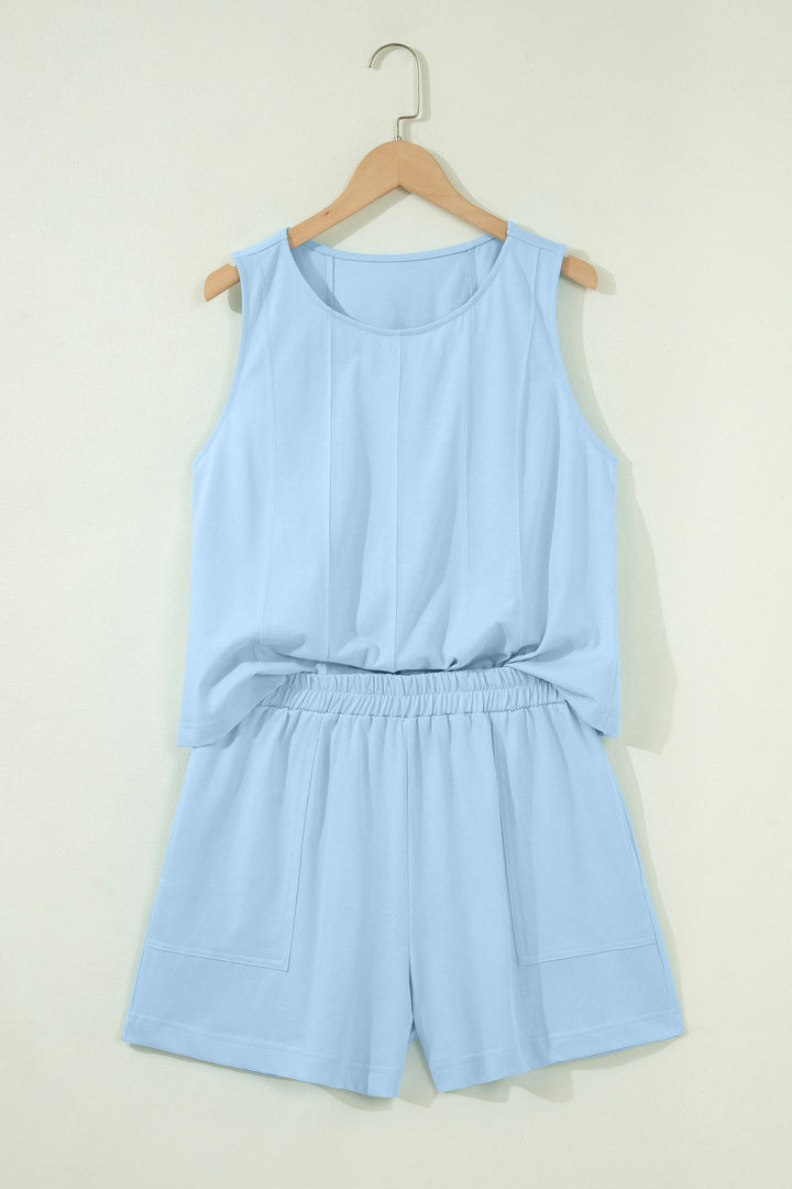 Stitched Detail Loose Tank Top Cotton 2pcs Short Set