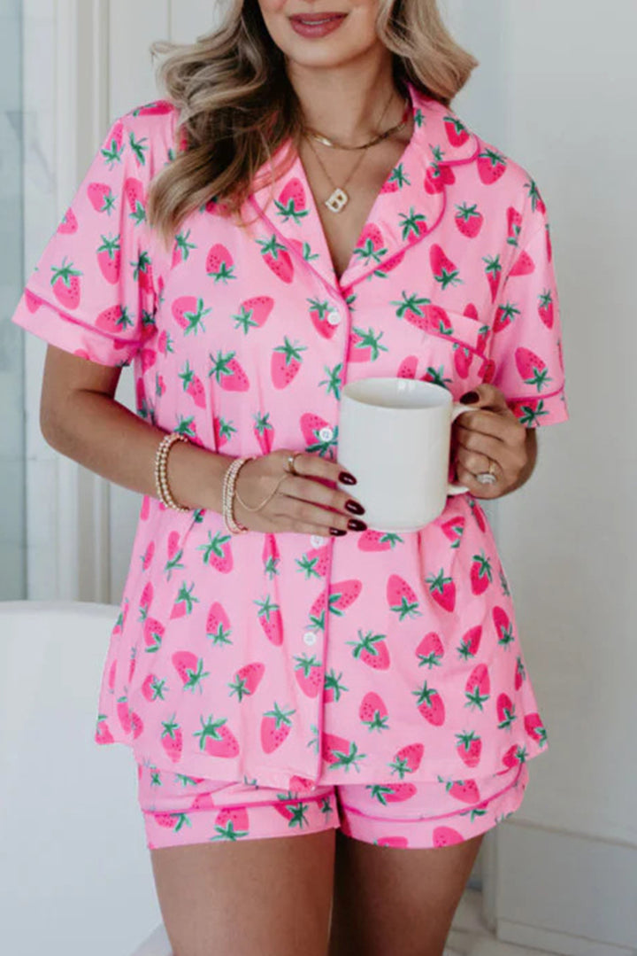 Pink Strawberry Print Lapel Collar Top and Shorts Pajama Set