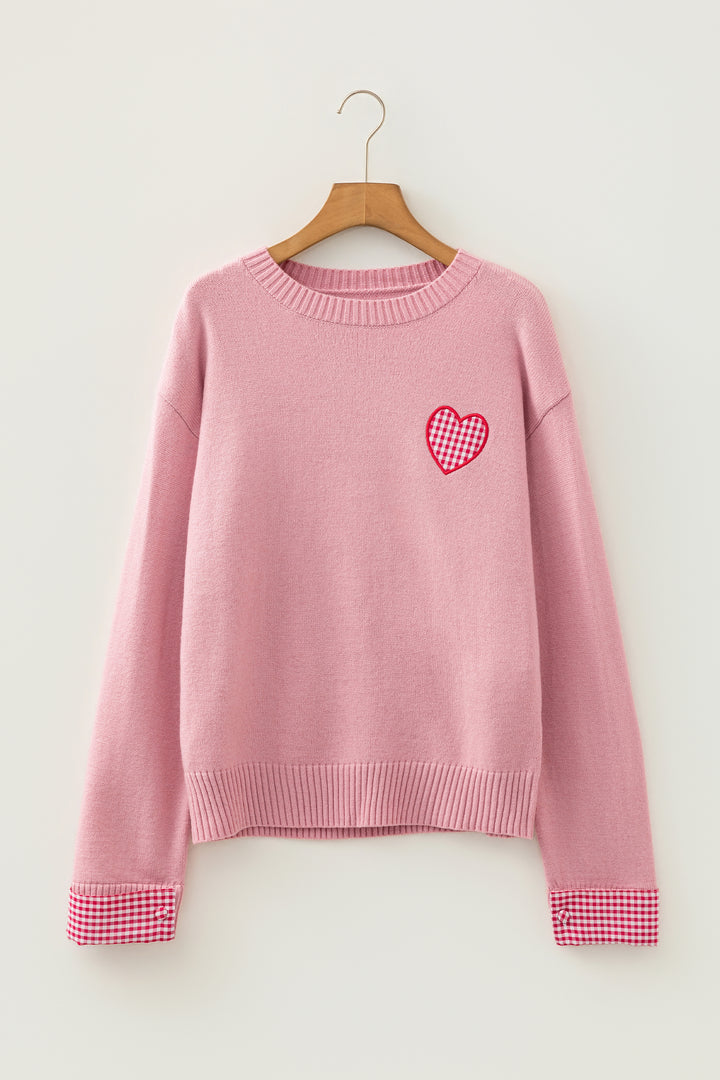 Light Pink Plaid Heart Embroidered Cuffed Drop Shoulder Crew Neck Sweater