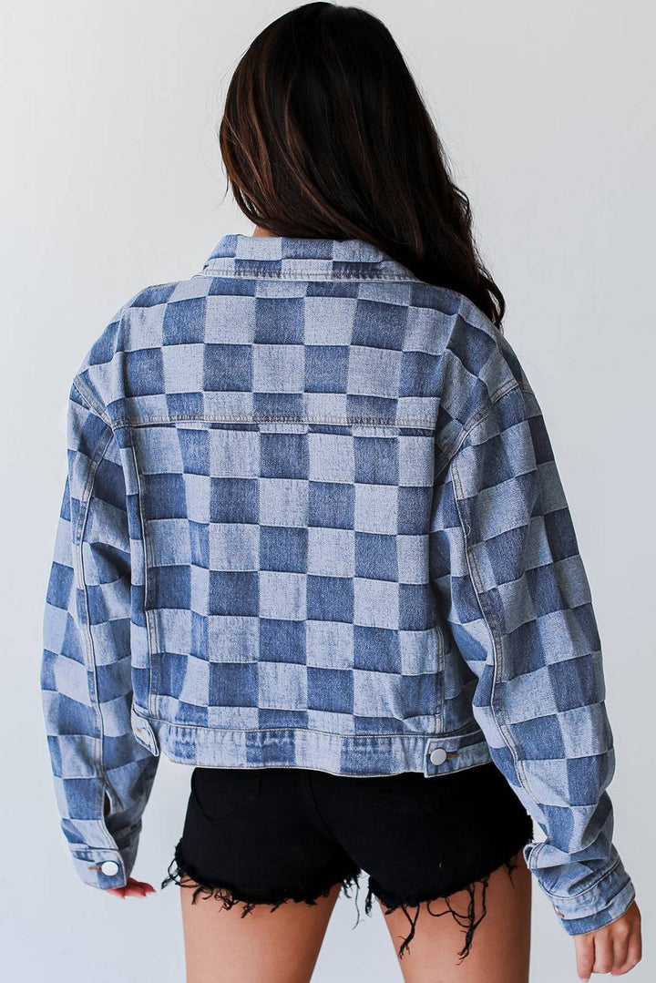 Back view of light blue checkered patchwork denim jacket, perfect for fall casual wear. Available now at Faith & Co. Boutique.