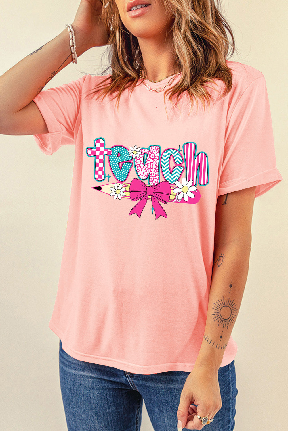 Pink Retro Checkered teach and Bow Pencil Graphic T Shirt