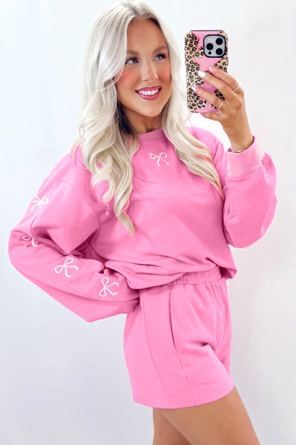 Sachet Pink Bow Embroidery Long Sleeve Pullover and High Waist Shorts Set