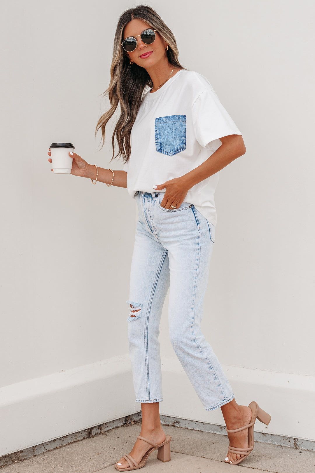 Color Block Chest Pocket Patched Casual Short Sleeve Top