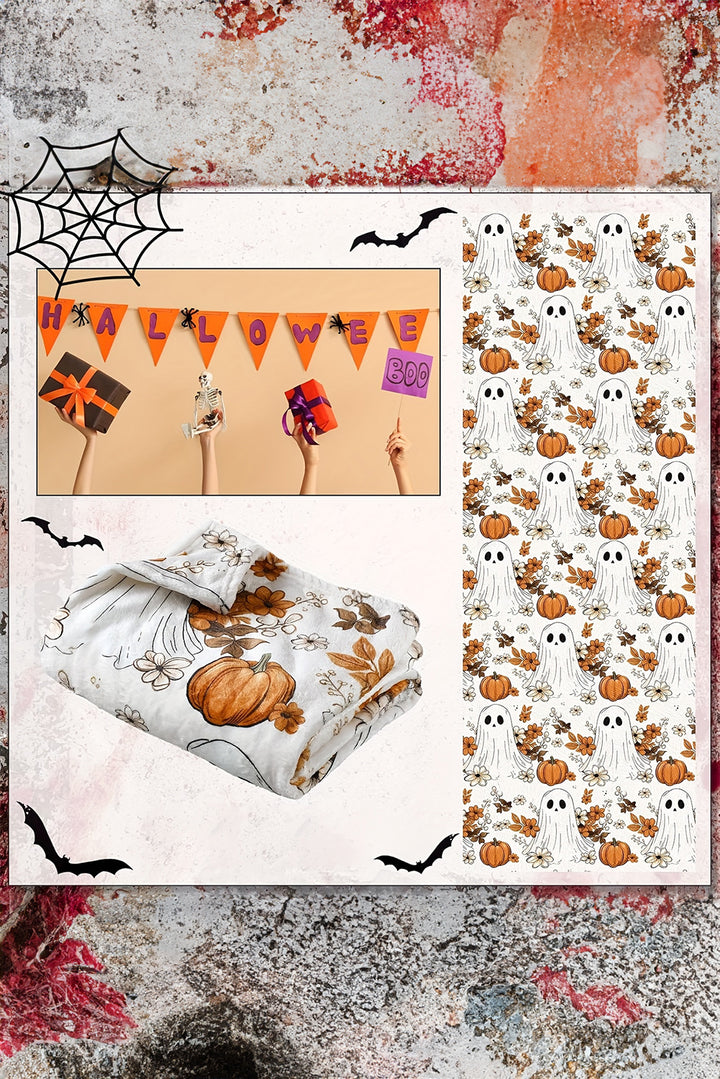 Orange Halloween Ghost Pumpkin Flower Throw Blanket