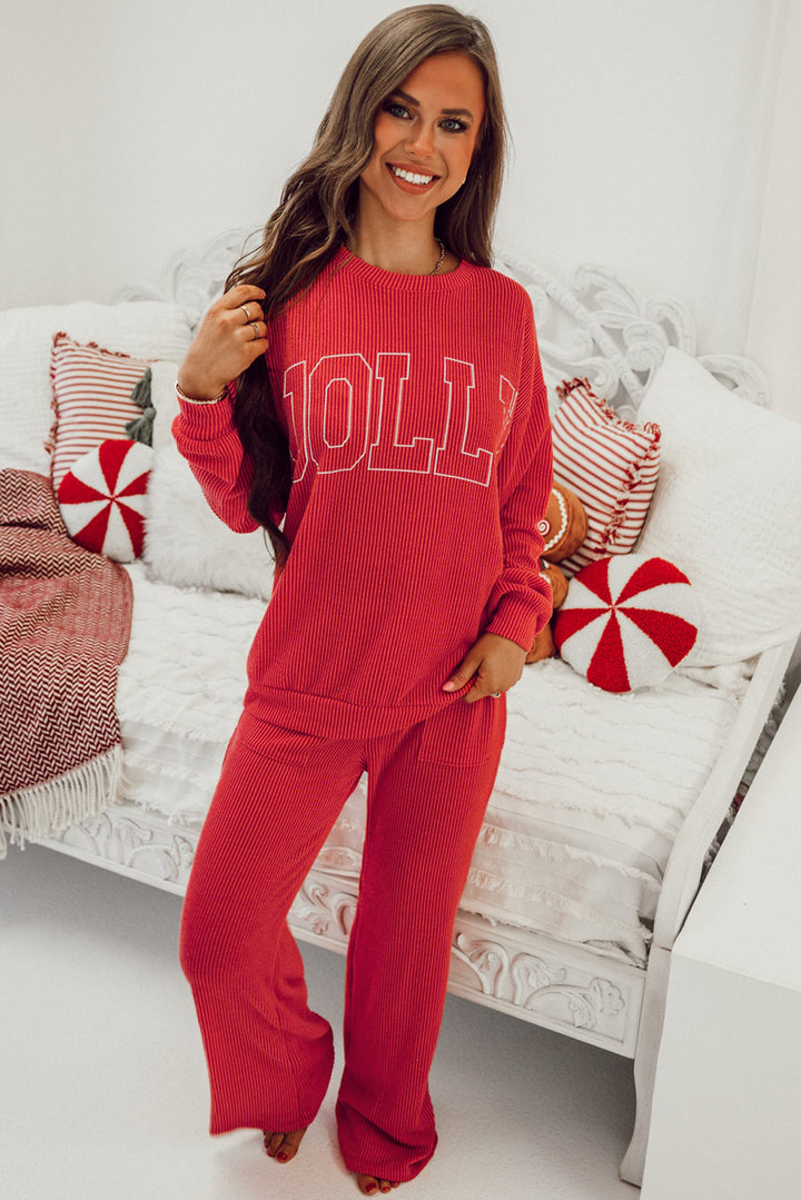 Fiery Red Crinkle Rib JOLLY Pattern Long Sleeve Top and Pockets Pants Set