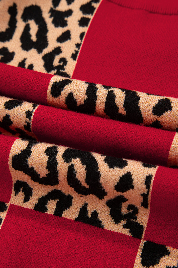 Red Leopard Checkerboard Short Sleeve Knit Sweater