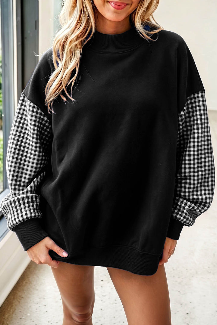 Plaid Sleeve Color block Loose Tunic Sweatshirt