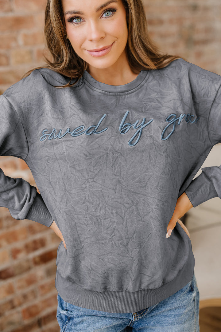 saved by grace Letter Embroidery Mineral Wash Loose Sweatshirt