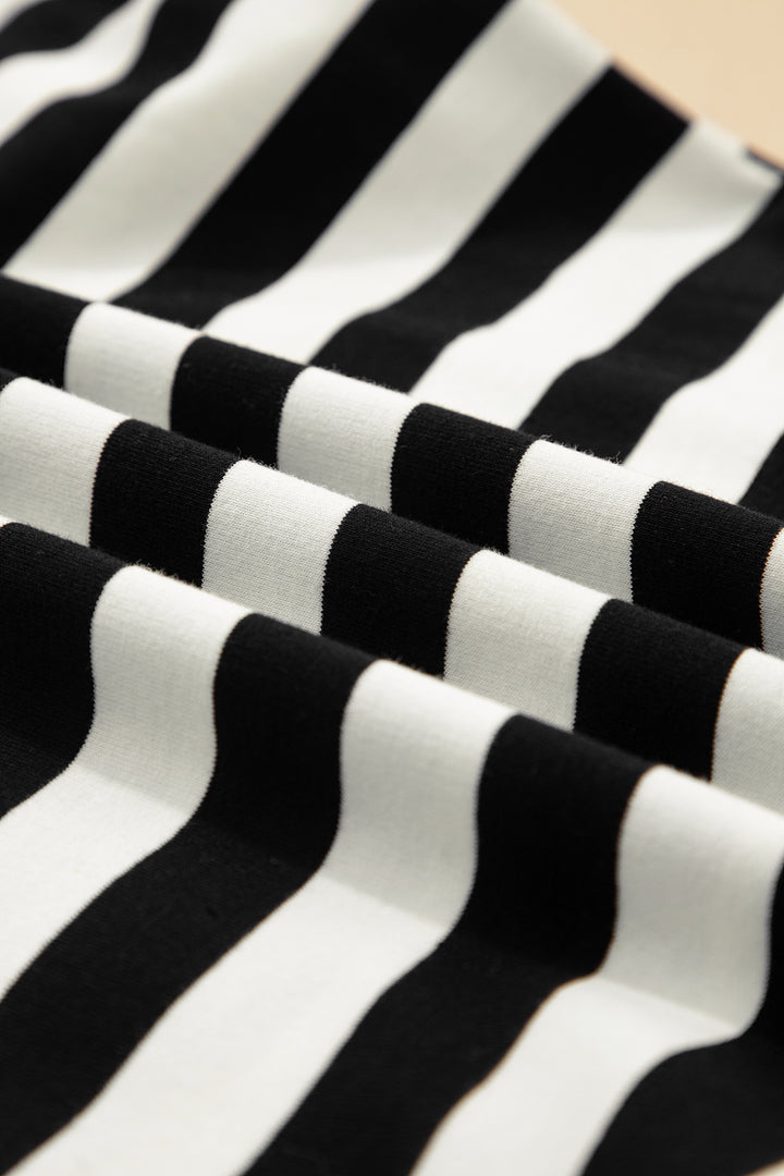 Stripe Collar V Neck Ruffled Short Sleeve Blouse