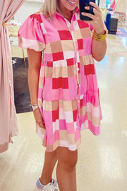 Pink Colorblock Plaid Puff Sleeve Tiered Mini Dress -