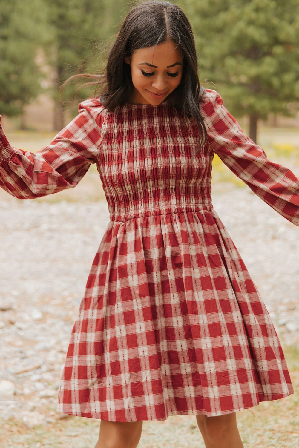 Red Plaid Print Smocked Puff Sleeve Mini Dress Red / XL / 100%Cotton