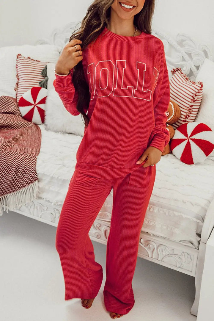 Fiery Red Crinkle Rib JOLLY Pattern Long Sleeve Top and Pockets Pants Set