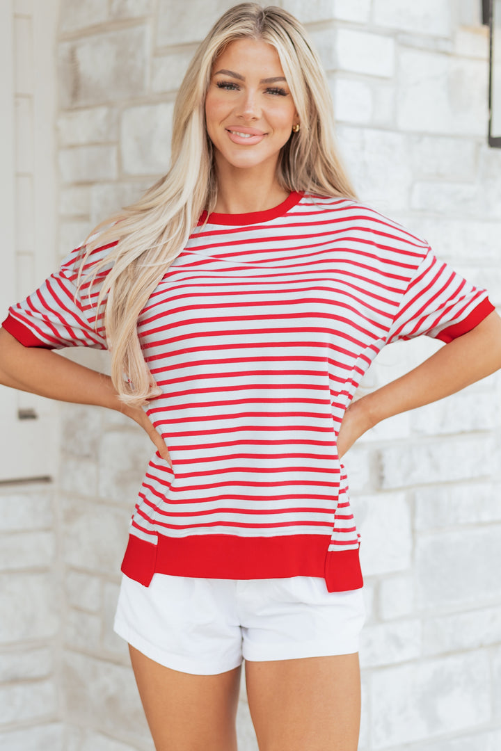 Red Stripe Drop Shoulder Half Sleeve T Shirt