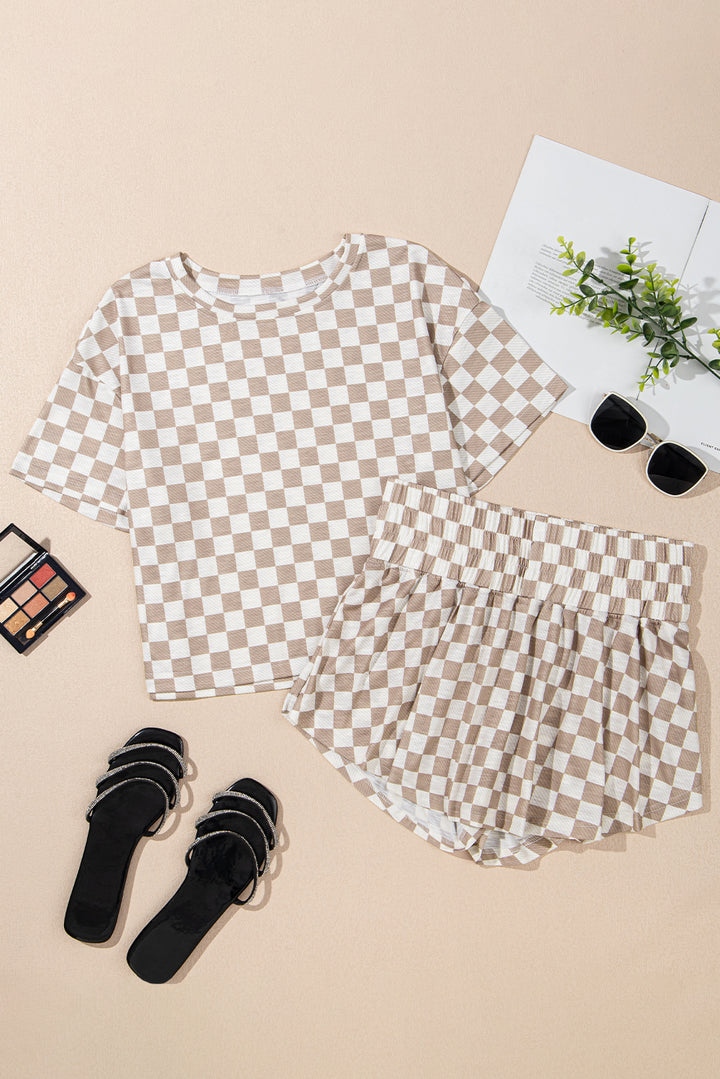 Brown Checkerboard T Shirt and High Waist Skorts 2 Piece Outfit