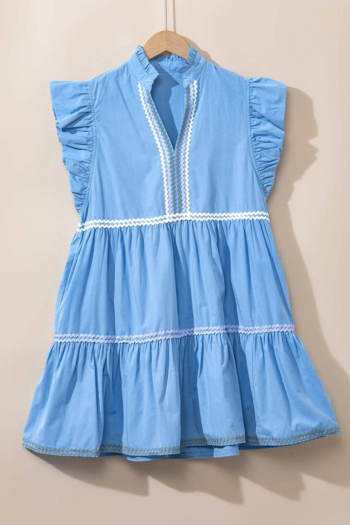 Beau Blue Ric Rac Colorblock Flutter Sleeve V Neck Tiered Dress