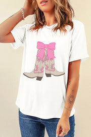 White Casual Boots Bow Graphic Round Neck T Shirt Faith & Co. Boutique
