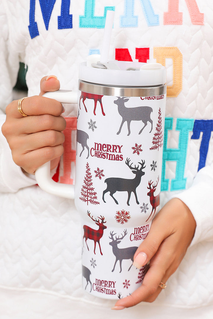 White Merry Christmas Tree Snowflake Elk Print 40 oz Tumbler Cup