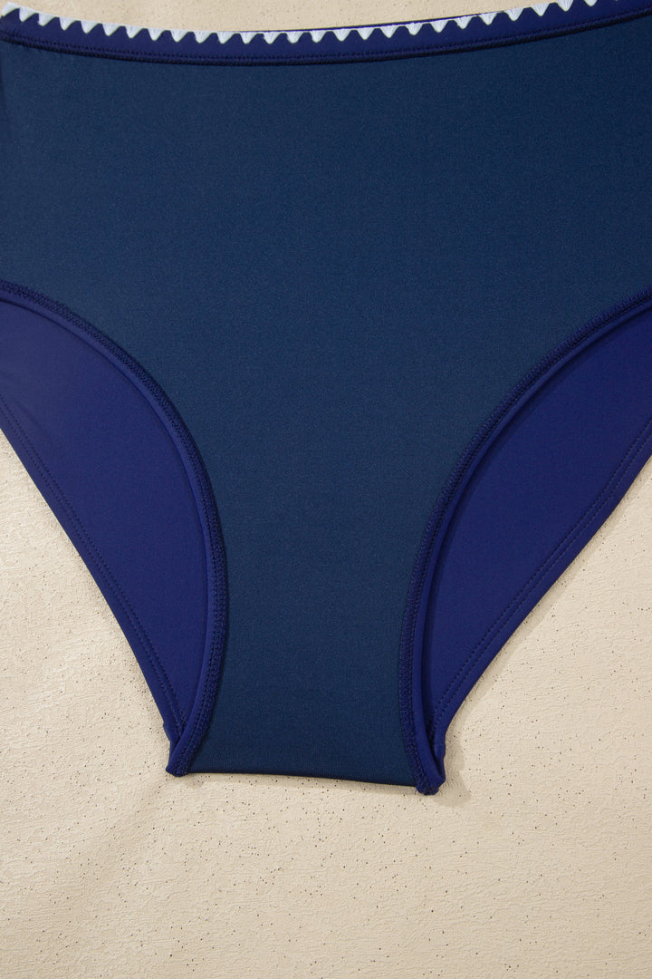 Stitched Trim V Neck Textured Mix and Match High Waist Bikinis