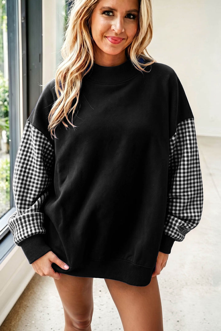 Plaid Sleeve Color block Loose Tunic Sweatshirt