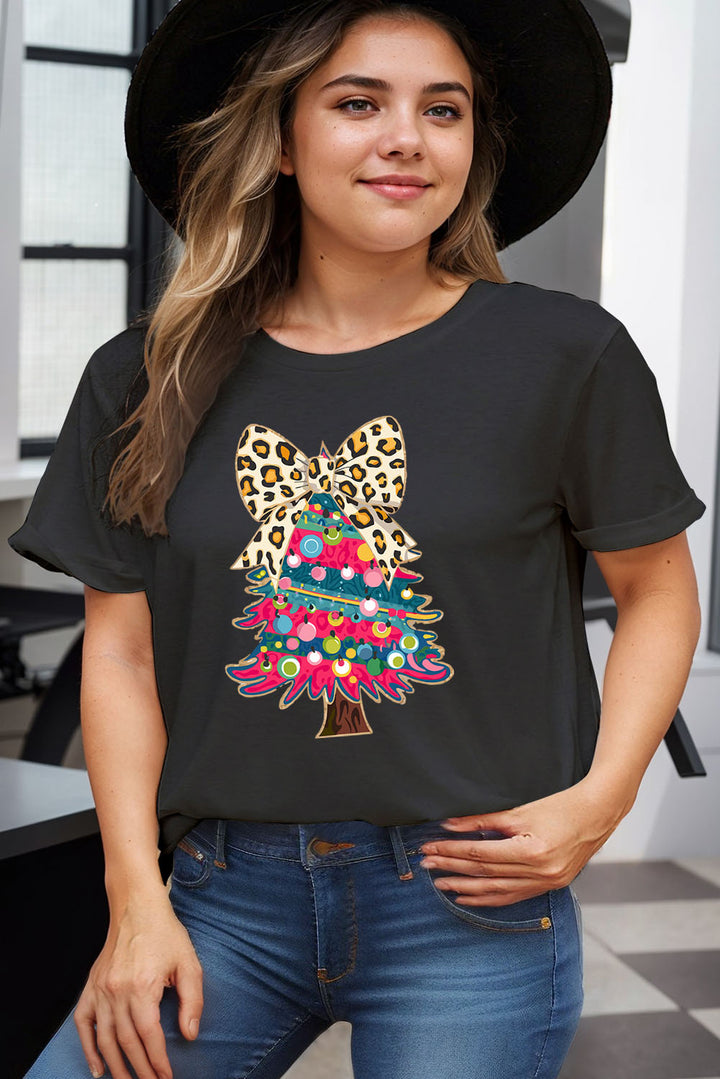 Leopard Bow Christmas Tree Printed Plus Size T Shirt