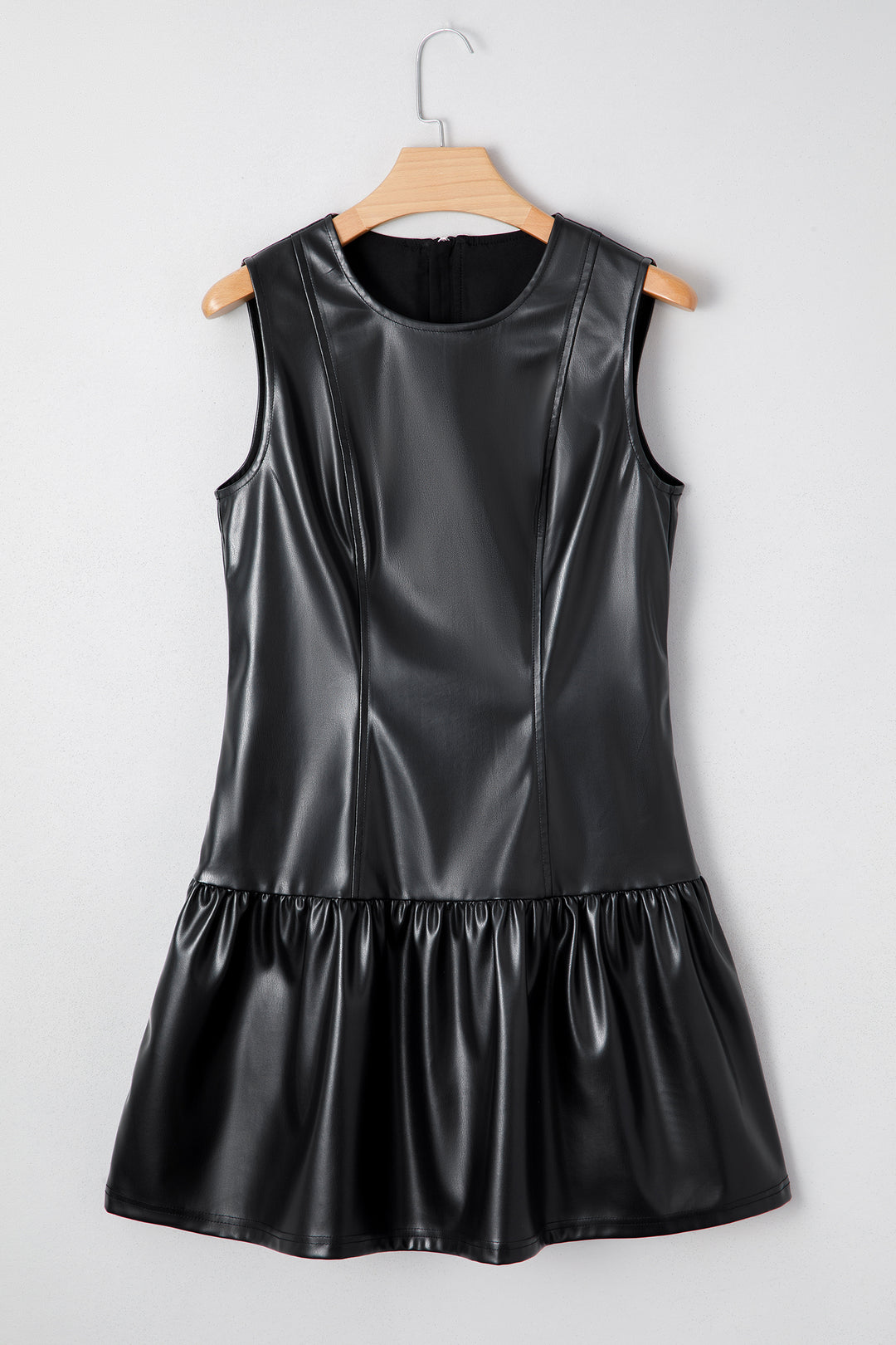 Black Faux Leather Ruffle Hem Sleeveless Mini Dress